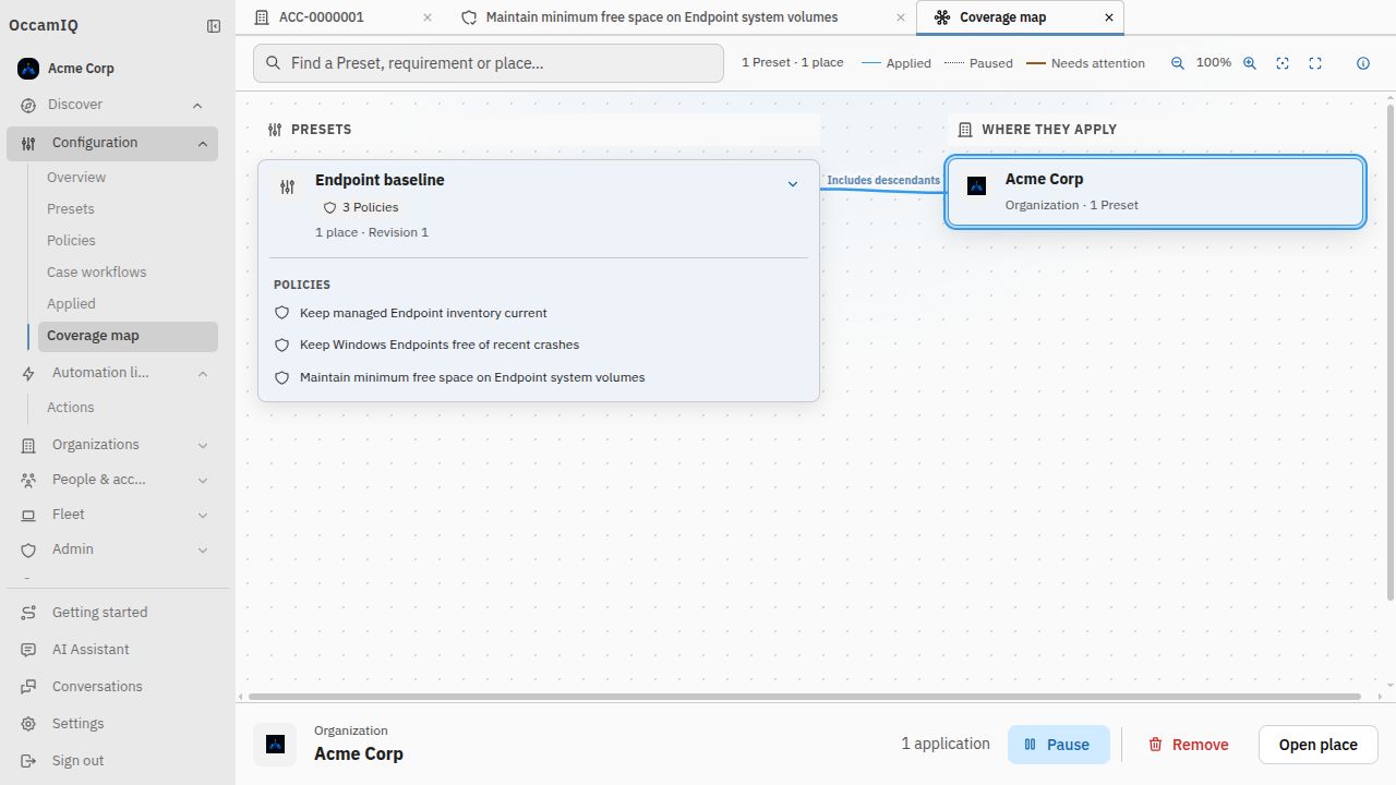 OccamIQ coverage map showing the Endpoint baseline Preset, its three Policies and their application to fictional Acme Corp.