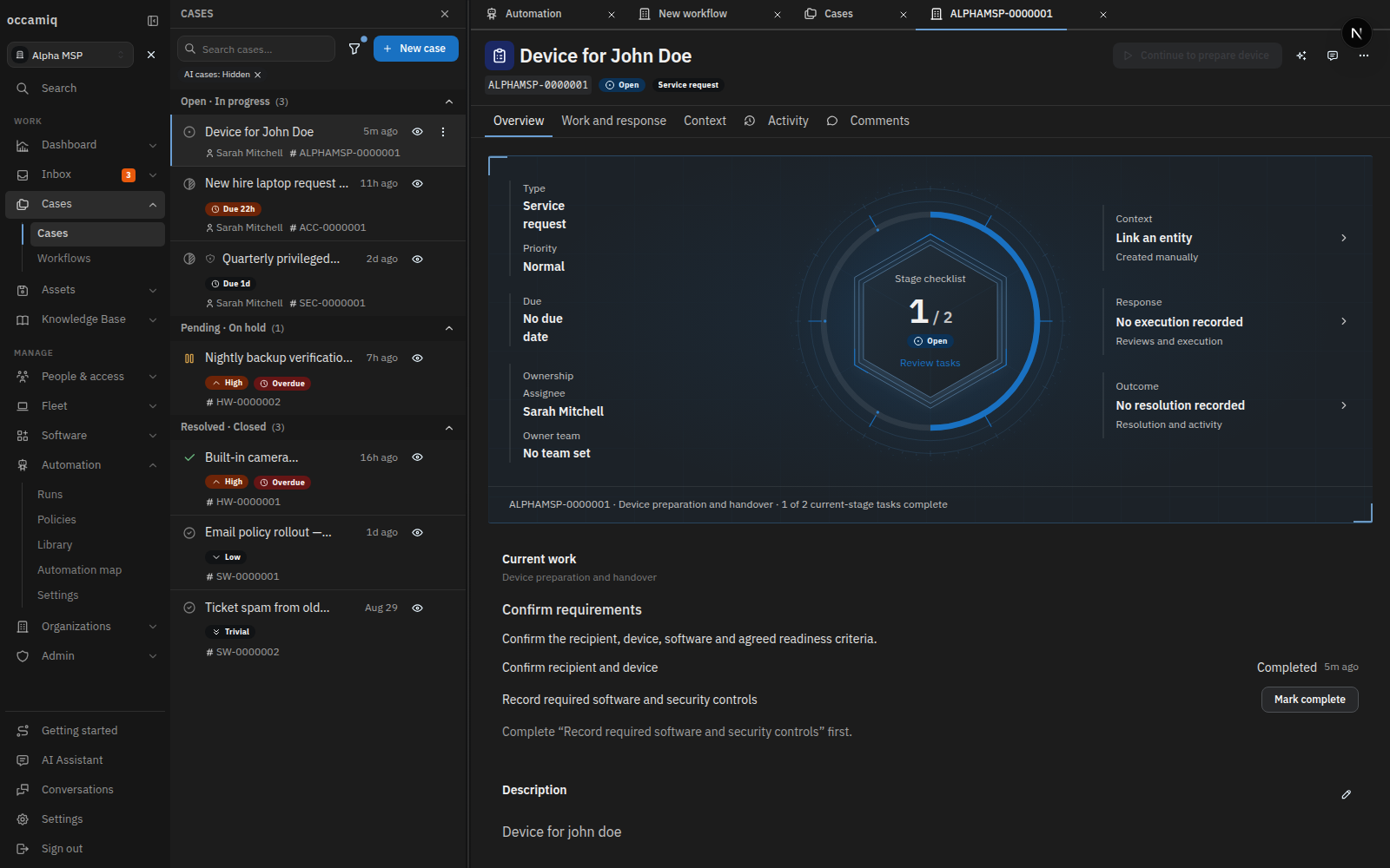 OccamIQ workspace showing Cases with request context and their current progress