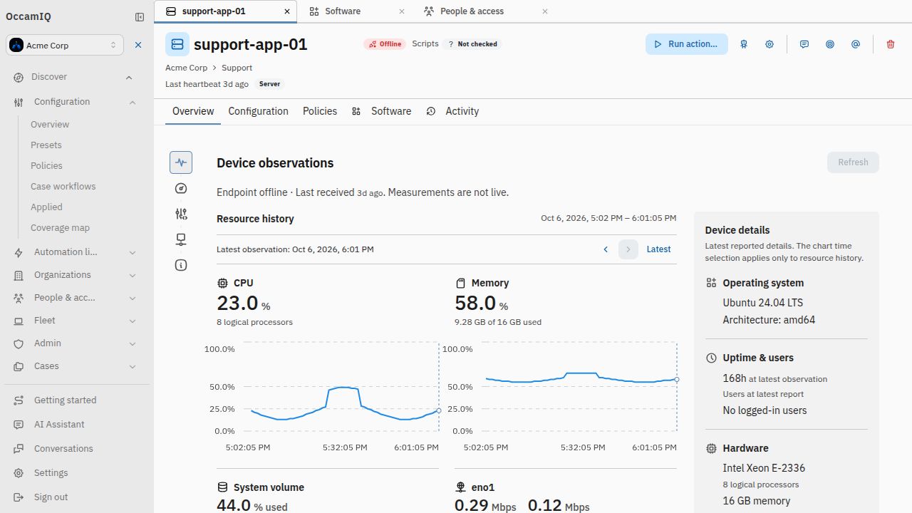 OccamIQ support-app-01 demo endpoint showing Device observations, CPU and memory history, and reported device details. The endpoint is offline and measurements are historical.