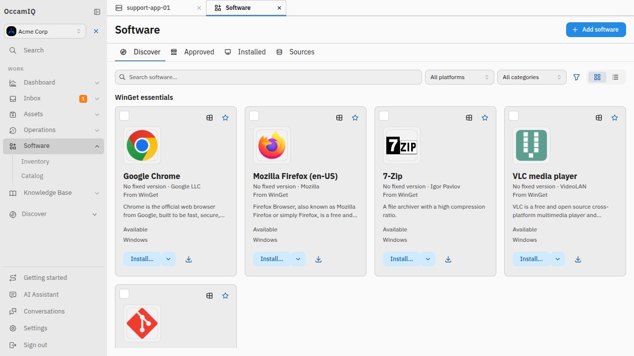 OccamIQ software discovery showing real WinGet applications, including Chrome, Firefox, 7-Zip and VLC, in a seeded Acme workspace.